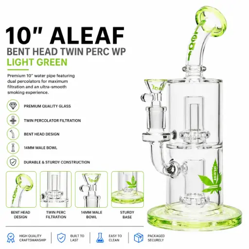 [PC37707] 10" ALEAF BENT HEAD TWIN PERC WP LIGHT GREEN