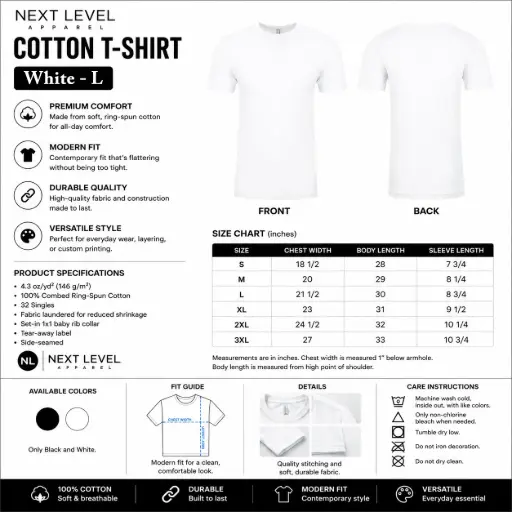 [AM050582] Next Level Apparel Cotton T-shirt / White - L