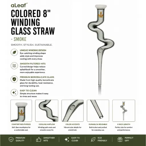 [PC37770] aLeaf COLORED 8" WINDING GLASS STRAW SMOKE 