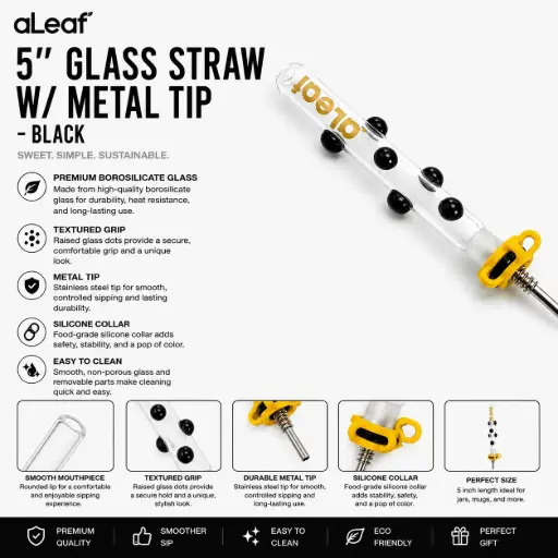[PC37783] aLeaf 5" GLASS STRAW W/ METAL TIP BLACK