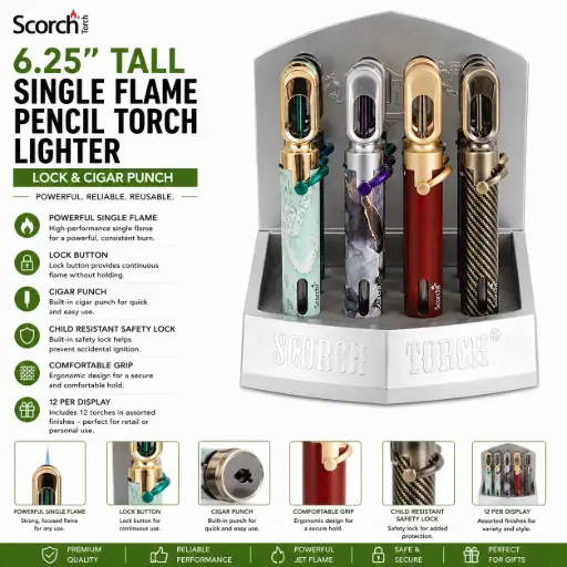 [AM050643] Scorch Torch 6.25" Tall Single Flame Pencil Torch w/ Lock & Cigar Punch 61872-1 - ( 12 per box)