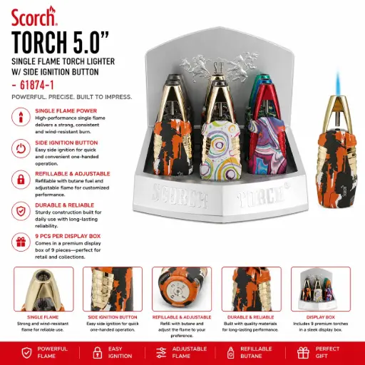 [AM050645] Scorch Torch 5.0" Tall Single Flame Torch Lighter w/ Side Ignition Button 61874-1 - ( 9 per box)