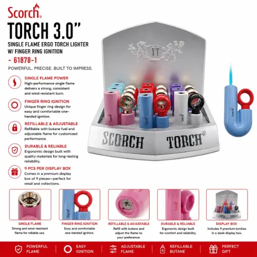 [AM050647] Scorch Torch 3.0" Tall Single Flame Ergo Torch Lighter w/ Finger Ring Ignition 61878-1 - ( 9 per box)