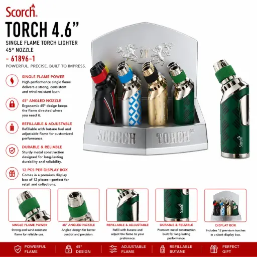 [AM050650] Scorch Torch 4.6" Tall Single Flame Torch Lighter 45° Nozzle 61896-1 - ( 12 per box)