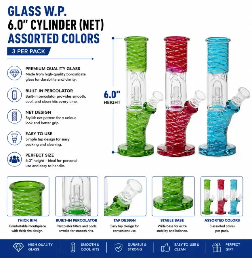 [AM050676] Glass W.P. 6.0" Cylinder (Net) - Assorted Colors (3 per pack)