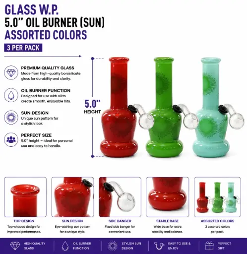 [AM050680] Glass W.P. 5.0" Oil Burner (Sun) - Assorted Colors (3 per pack)