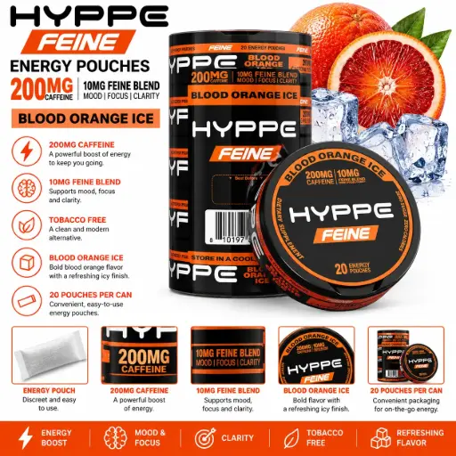 [AM050681] HYPPE FEINE Performance Pouches (200 mg Caffeine) 20 pouches per pack | 5 packs - BLOOD ORANGE ICE