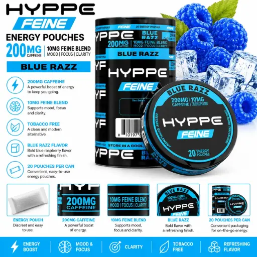 [AM050682] HYPPE FEINE Performance Pouches (200 mg Caffeine) 20 pouches per pack | 5 packs - BLUE RAZZ