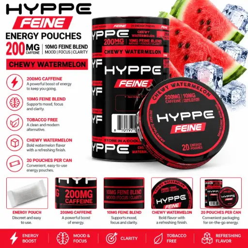 [AM050683] HYPPE FEINE Performance Pouches (200 mg Caffeine) 20 pouches per pack | 5 packs - CHEWY WATERMELON