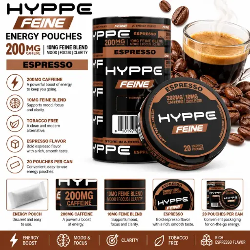 [AM050684] HYPPE FEINE Performance Pouches (200 mg Caffeine) 20 pouches per pack | 5 packs - ESPRESSO