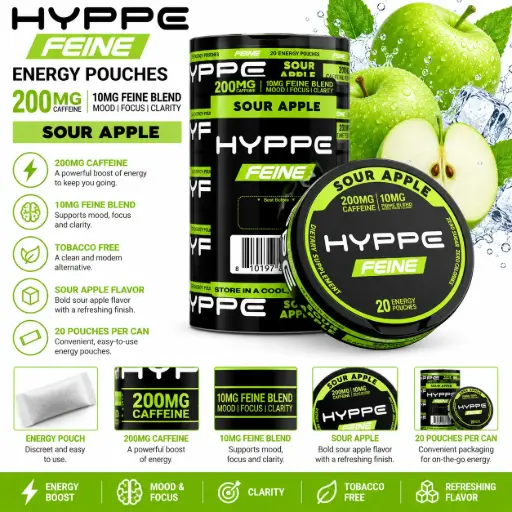 [AM050686] HYPPE FEINE Performance Pouches (200 mg Caffeine) 20 pouches per pack | 5 packs - SOUR APPLE