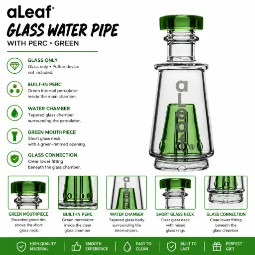 [PC38030] ALEAF GLASS WATER PIPE WITH PERC Green