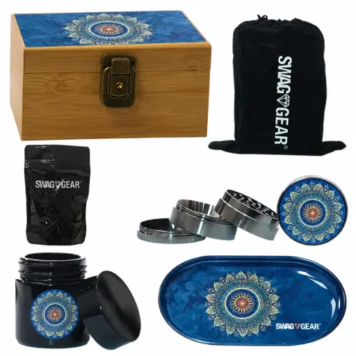 [AM050708] Unbranded Container & Jars Medium Bamboo Box With 55mm Grinder, Glass Jar, Metal Tray, Ziplock Bag - Mandala