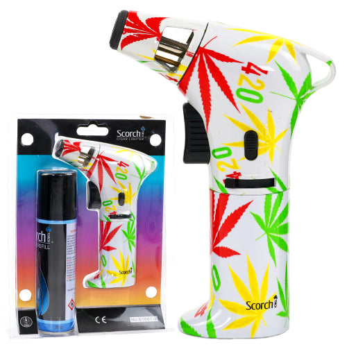 [AM026188] Scorch Torch Lighter Design Torch Blister Combo- Butane Refil 6.5" (61687) Rasta Leaf